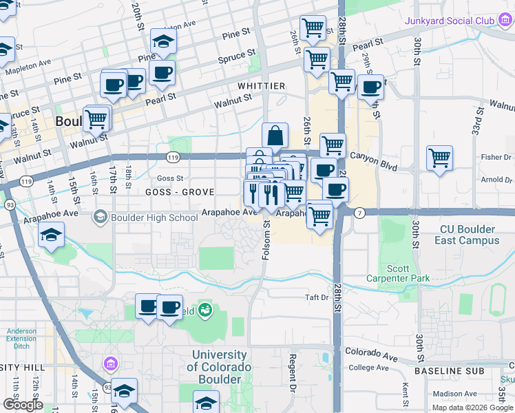 map of restaurants, bars, coffee shops, grocery stores, and more near 2321 Grove Street in Boulder