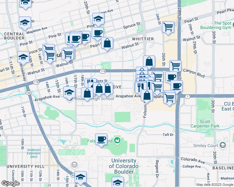 map of restaurants, bars, coffee shops, grocery stores, and more near 2129 Grove Circle East in Boulder