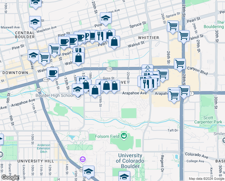 map of restaurants, bars, coffee shops, grocery stores, and more near in Boulder