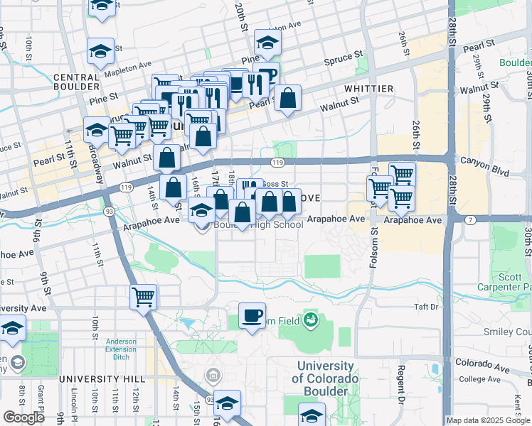 map of restaurants, bars, coffee shops, grocery stores, and more near 1843 Arapahoe Avenue in Boulder