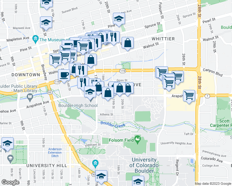 map of restaurants, bars, coffee shops, grocery stores, and more near 1843 Arapahoe Avenue in Boulder