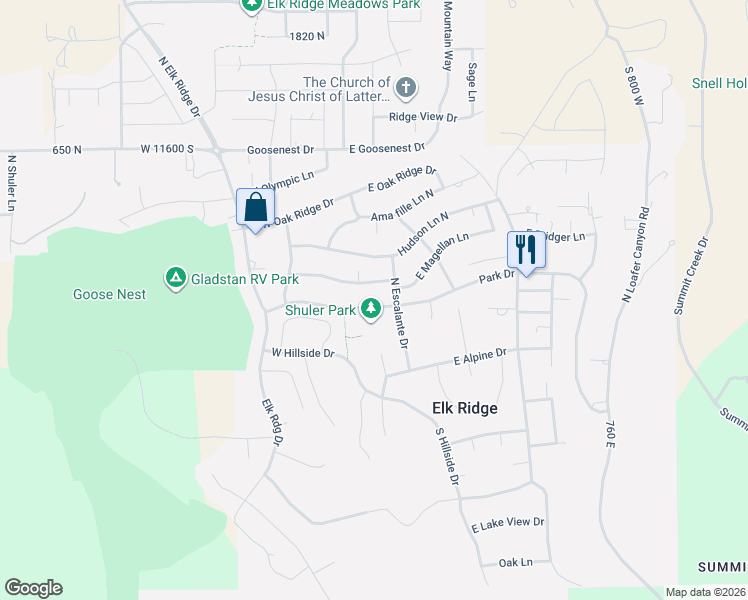 map of restaurants, bars, coffee shops, grocery stores, and more near 93 Park Drive in Elk Ridge