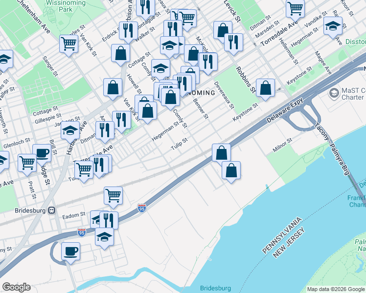 map of restaurants, bars, coffee shops, grocery stores, and more near 5912 Tulip Street in Philadelphia