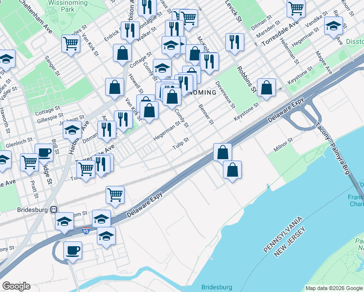 map of restaurants, bars, coffee shops, grocery stores, and more near 5912 Tulip Street in Philadelphia
