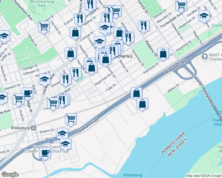 map of restaurants, bars, coffee shops, grocery stores, and more near 5912 Tulip Street in Philadelphia