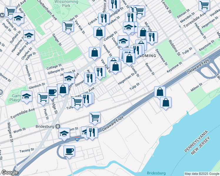 map of restaurants, bars, coffee shops, grocery stores, and more near 4728 Van Kirk Street in Philadelphia