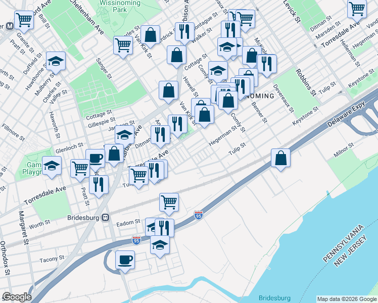 map of restaurants, bars, coffee shops, grocery stores, and more near 5705 Torresdale Avenue in Philadelphia