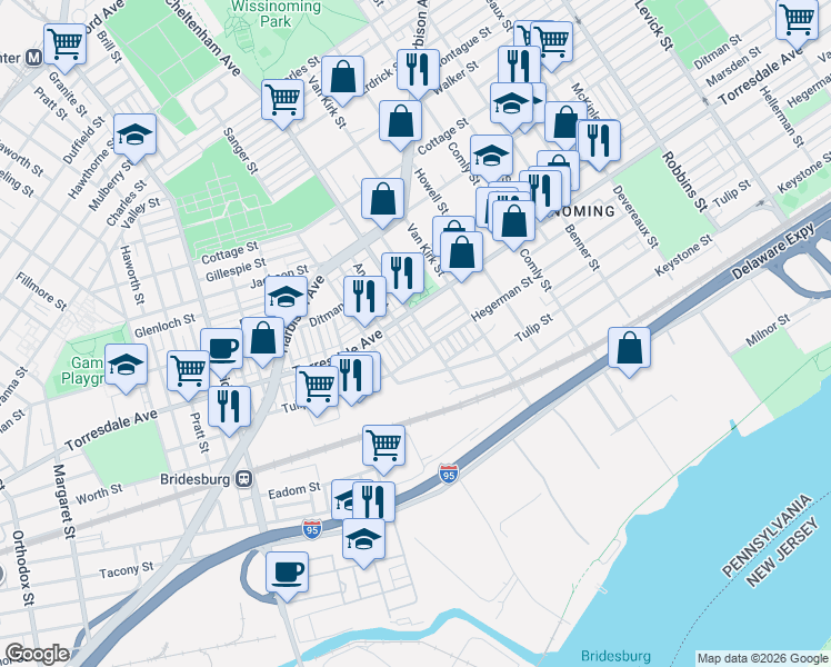 map of restaurants, bars, coffee shops, grocery stores, and more near 5705 Torresdale Avenue in Philadelphia