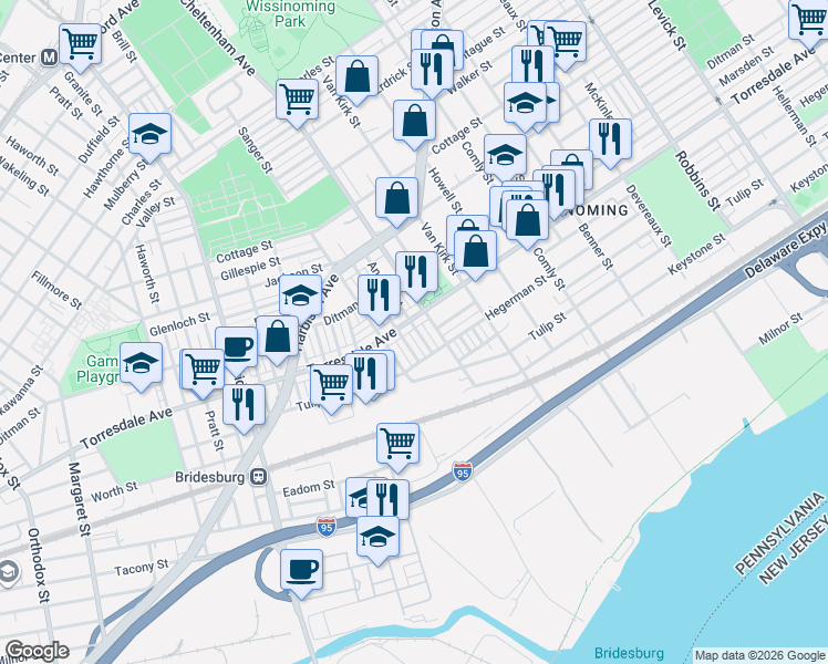 map of restaurants, bars, coffee shops, grocery stores, and more near 2088 Anchor Street in Philadelphia