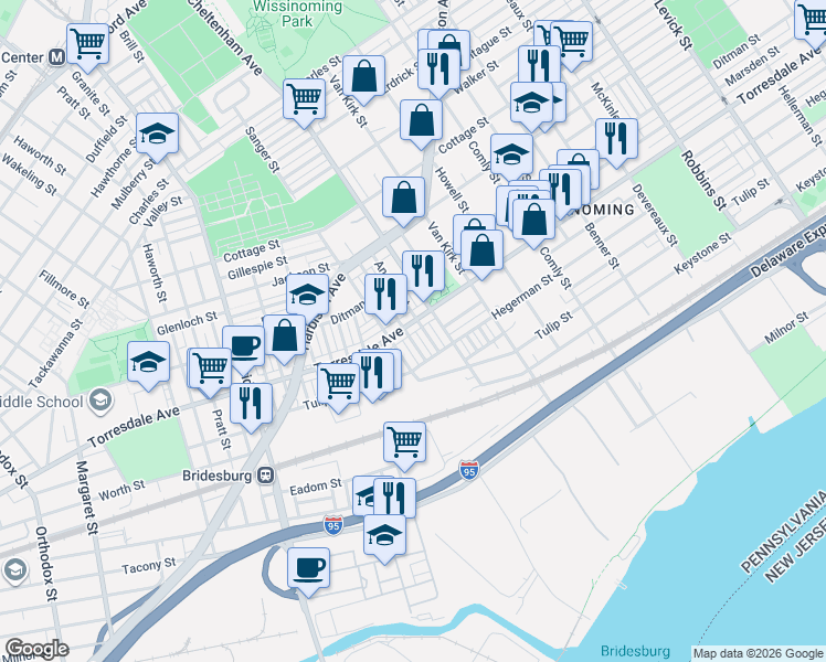 map of restaurants, bars, coffee shops, grocery stores, and more near 2088 Anchor Street in Philadelphia