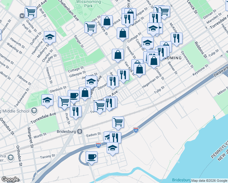 map of restaurants, bars, coffee shops, grocery stores, and more near 2088 Anchor Street in Philadelphia