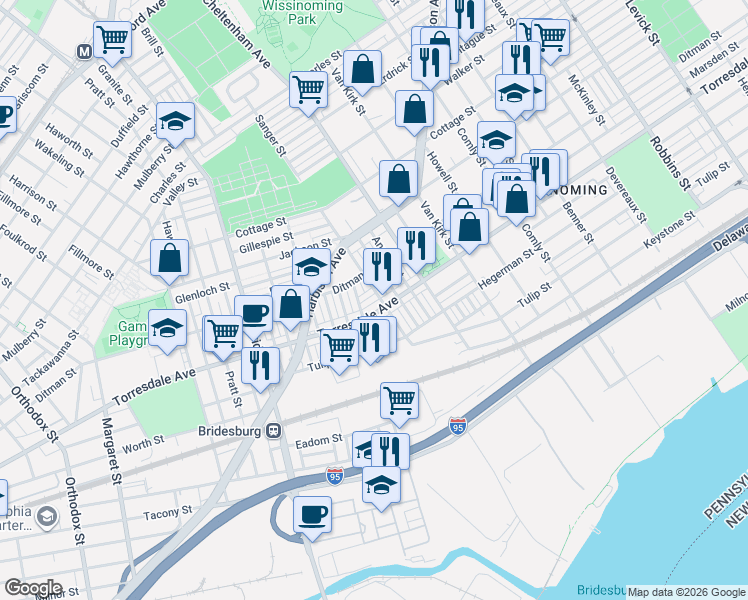 map of restaurants, bars, coffee shops, grocery stores, and more near 2048 Sanger Street in Philadelphia