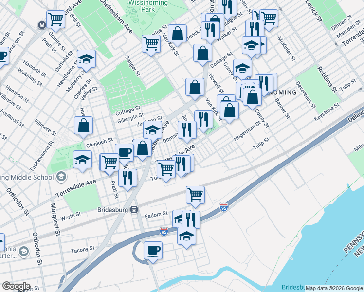 map of restaurants, bars, coffee shops, grocery stores, and more near 2048 Sanger Street in Philadelphia