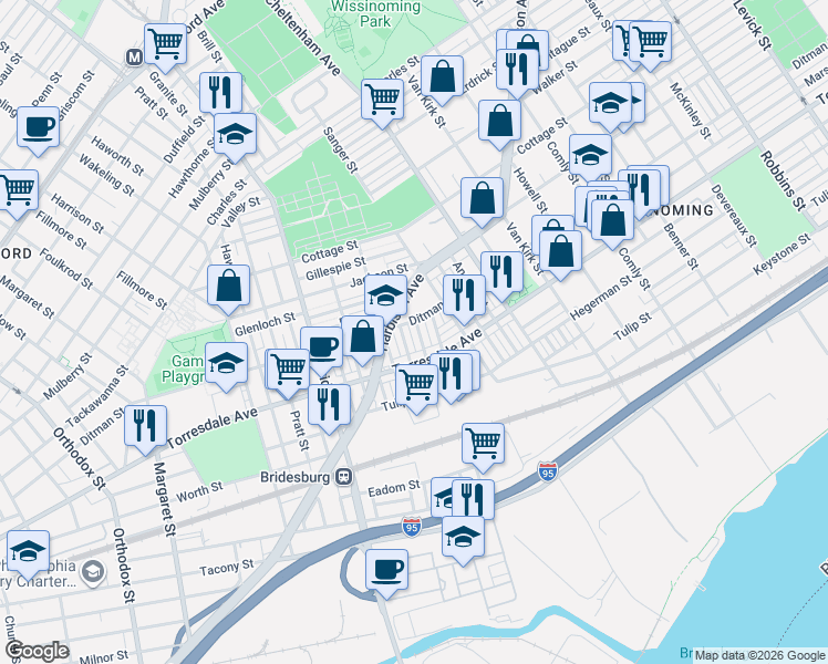 map of restaurants, bars, coffee shops, grocery stores, and more near 5414 Harbison Avenue in Philadelphia