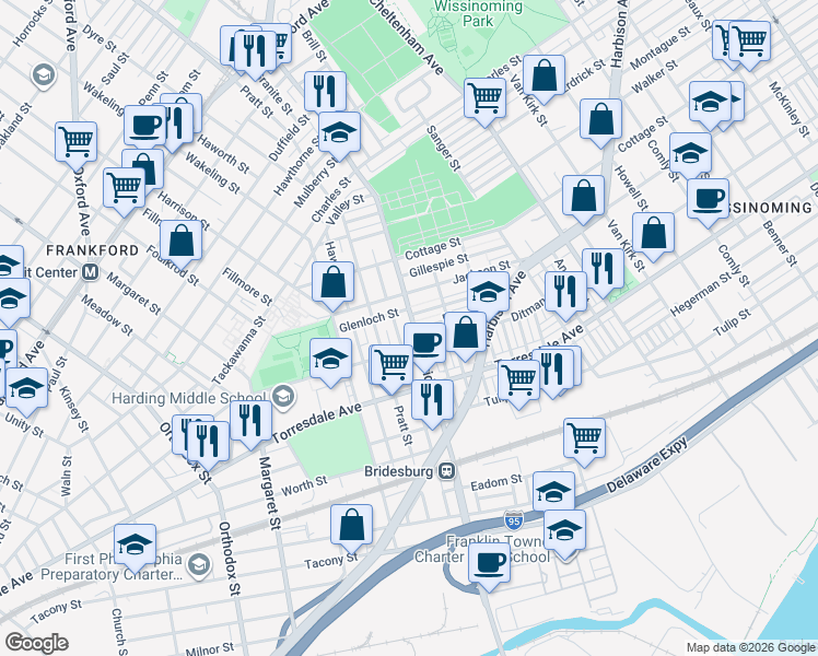 map of restaurants, bars, coffee shops, grocery stores, and more near 5126 Glenloch Street in Philadelphia