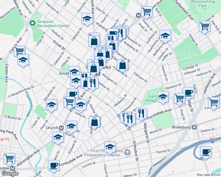 map of restaurants, bars, coffee shops, grocery stores, and more near 4671-77 Darrah Street in Philadelphia