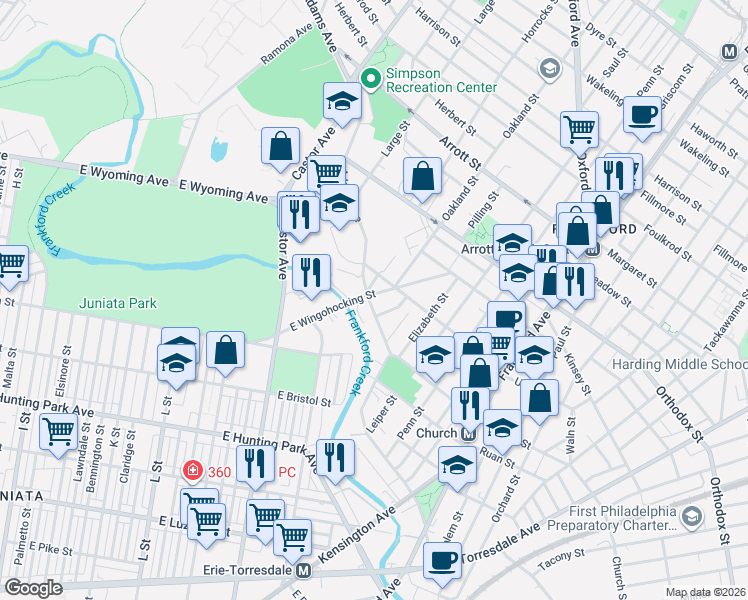 map of restaurants, bars, coffee shops, grocery stores, and more near 1202 Unity Street in Philadelphia