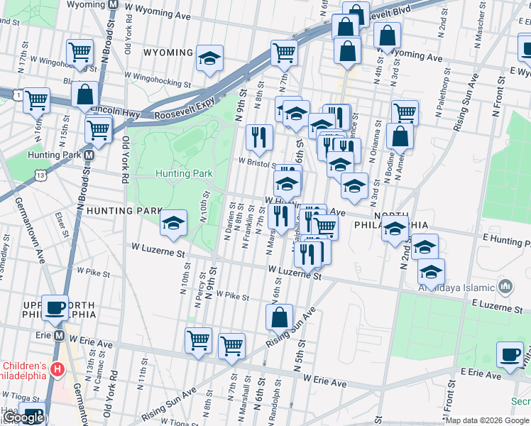 map of restaurants, bars, coffee shops, grocery stores, and more near 633 West Hunting Park Avenue in Philadelphia