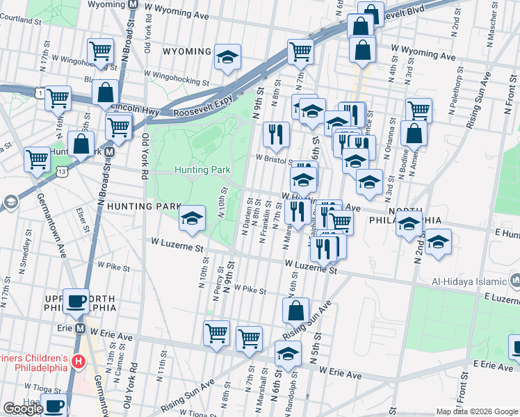 map of restaurants, bars, coffee shops, grocery stores, and more near 4164 North Franklin Street in Philadelphia