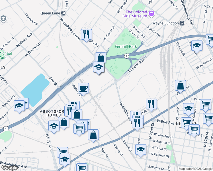 map of restaurants, bars, coffee shops, grocery stores, and more near 2621 Deacon Street in Philadelphia