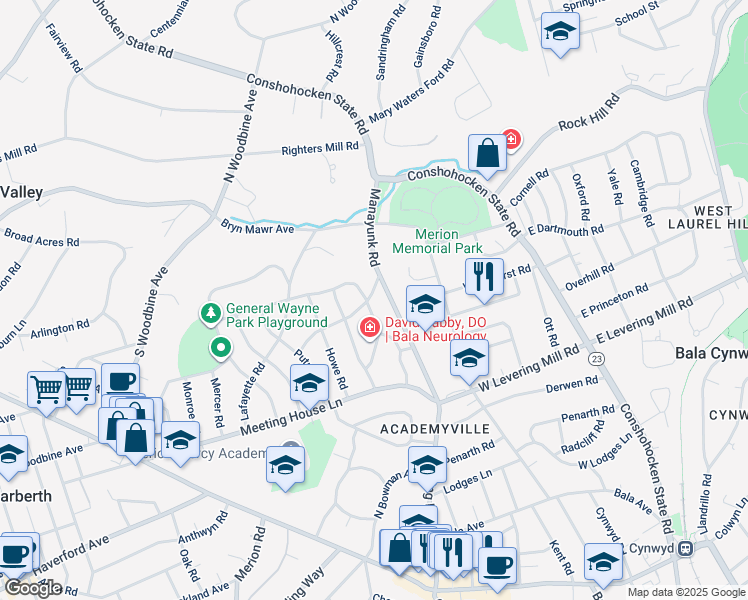 map of restaurants, bars, coffee shops, grocery stores, and more near 208 Standish Road in Merion Station