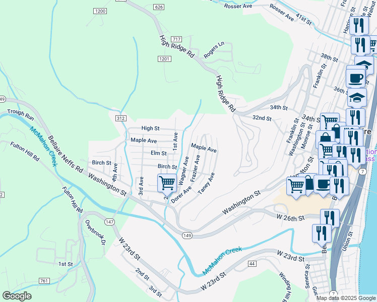map of restaurants, bars, coffee shops, grocery stores, and more near 255 Wagner Avenue in Bellaire