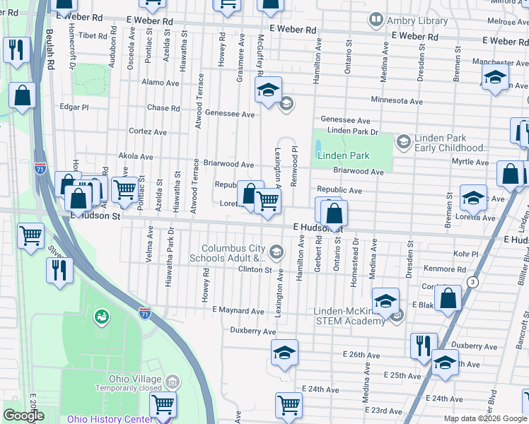 map of restaurants, bars, coffee shops, grocery stores, and more near 2447 Mcguffey Road in Columbus