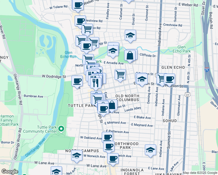 map of restaurants, bars, coffee shops, grocery stores, and more near 57 East Duncan Street in Columbus