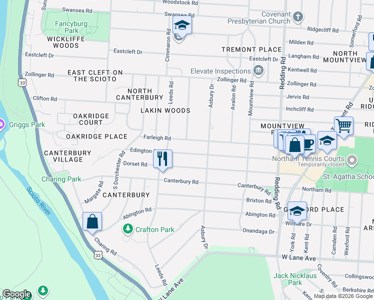 map of restaurants, bars, coffee shops, grocery stores, and more near 2451 Farleigh Road in Columbus
