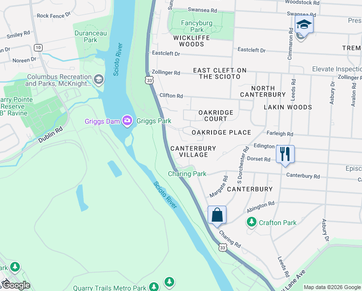 map of restaurants, bars, coffee shops, grocery stores, and more near 2881 Chateau Circle in Columbus