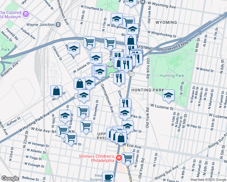 map of restaurants, bars, coffee shops, grocery stores, and more near 1449 West Lycoming Street in Philadelphia