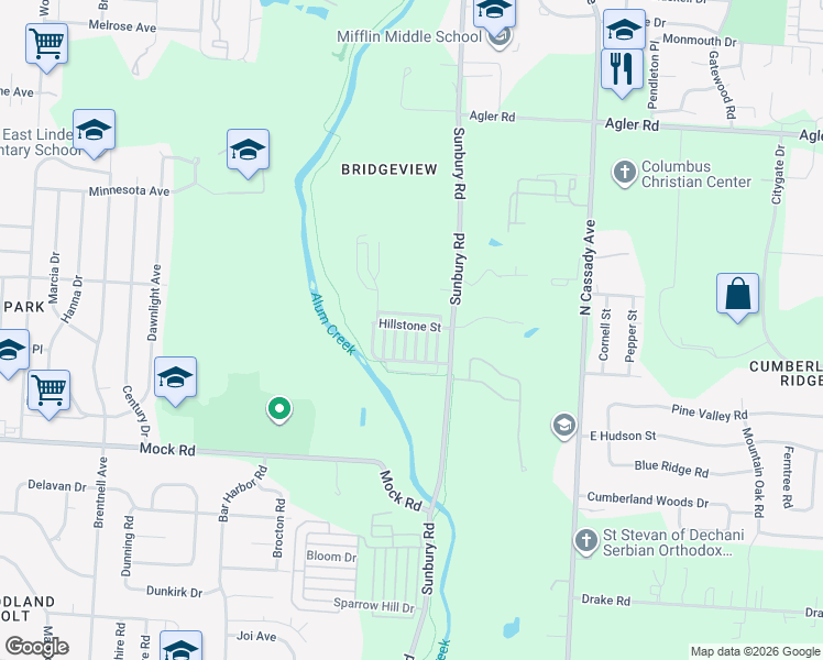 map of restaurants, bars, coffee shops, grocery stores, and more near 2804 Hillstone Street in Columbus