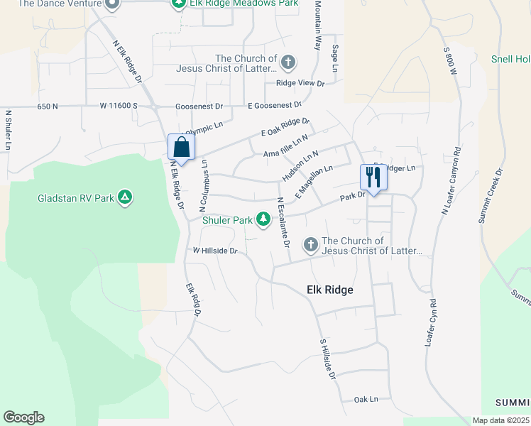 map of restaurants, bars, coffee shops, grocery stores, and more near 93 Park Drive in Elk Ridge
