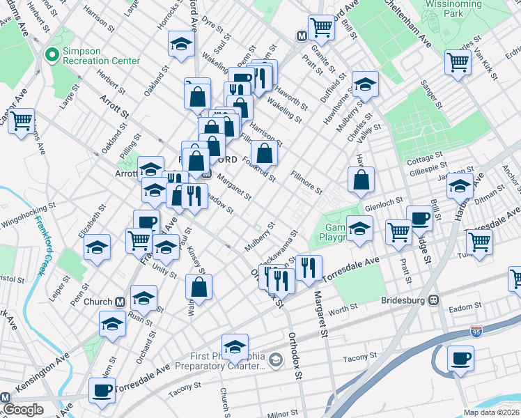 map of restaurants, bars, coffee shops, grocery stores, and more near 1695 Margaret Street in Philadelphia