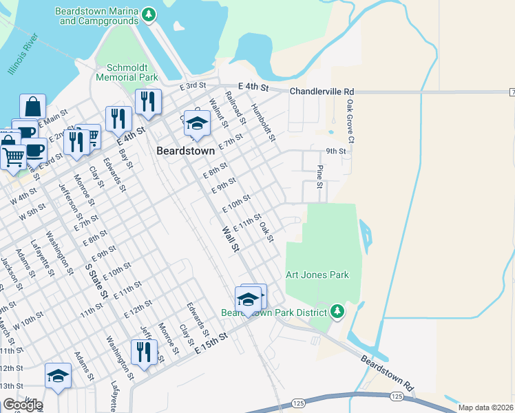 map of restaurants, bars, coffee shops, grocery stores, and more near 1148 E 10th St in Beardstown