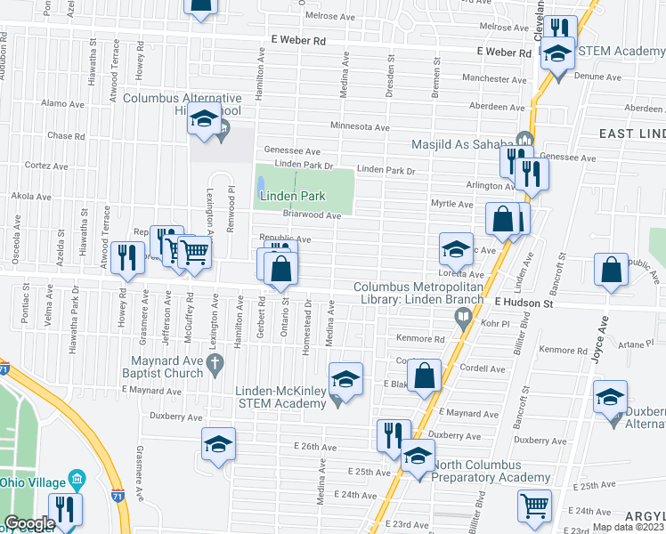 map of restaurants, bars, coffee shops, grocery stores, and more near Medina Ave & Loretta Ave in Columbus