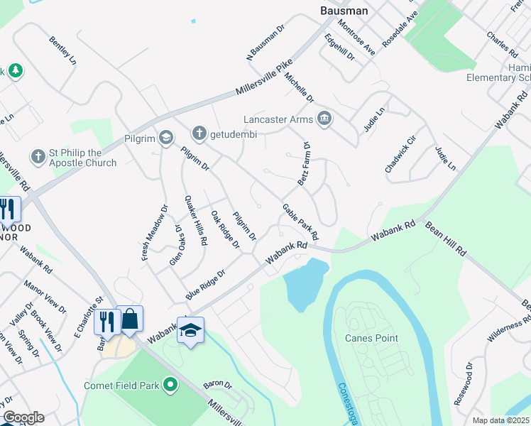 map of restaurants, bars, coffee shops, grocery stores, and more near 1855 Spring Ridge Lane in Lancaster
