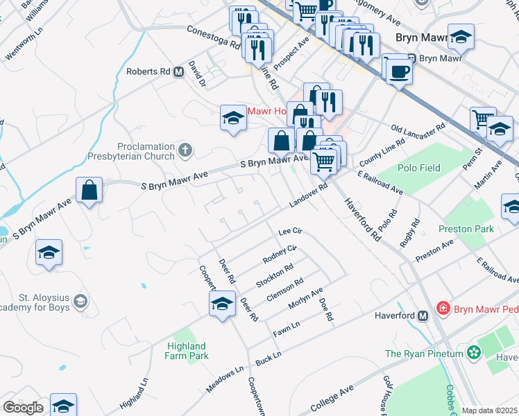 map of restaurants, bars, coffee shops, grocery stores, and more near 275 South Bryn Mawr Avenue in Bryn Mawr