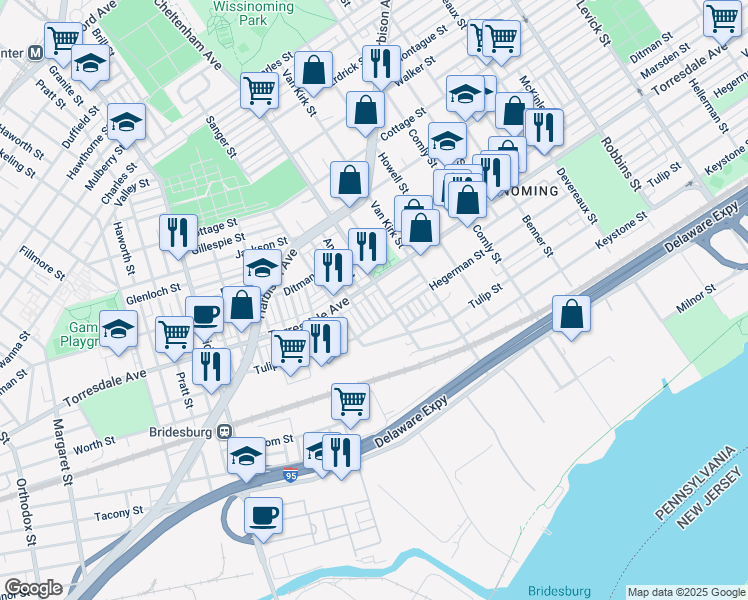 map of restaurants, bars, coffee shops, grocery stores, and more near 2119 Anchor Street in Philadelphia