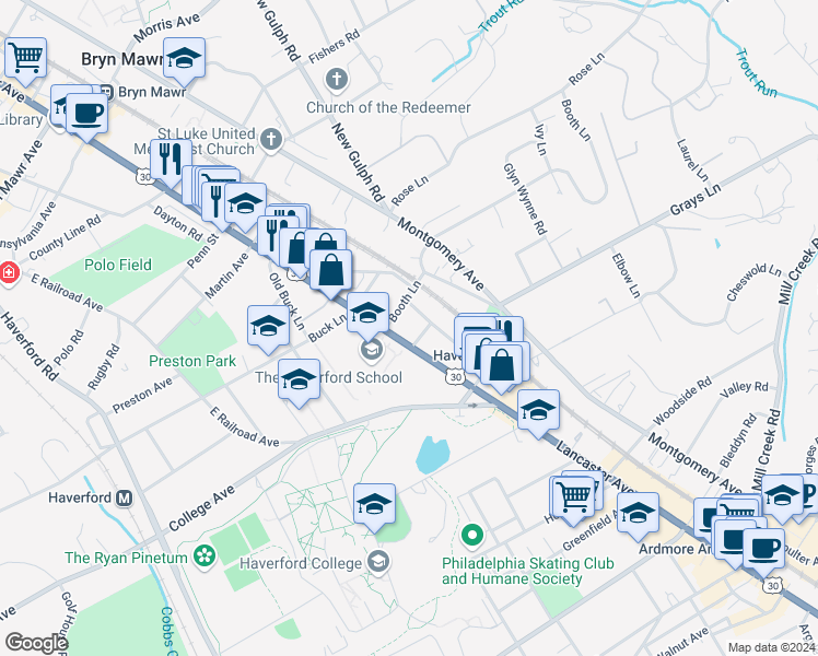 map of restaurants, bars, coffee shops, grocery stores, and more near 100 Llanalew Road in Haverford
