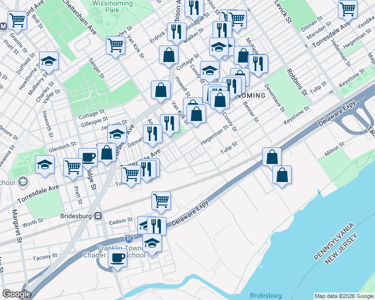 map of restaurants, bars, coffee shops, grocery stores, and more near 4728 Van Kirk Street in Philadelphia