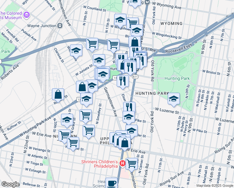 map of restaurants, bars, coffee shops, grocery stores, and more near 1449 West Lycoming Street in Philadelphia