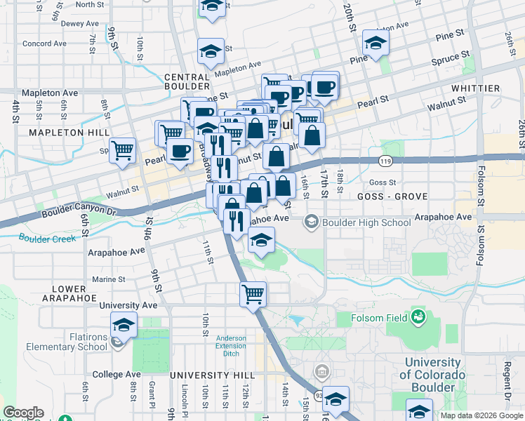 map of restaurants, bars, coffee shops, grocery stores, and more near 1705 14th Street in Boulder