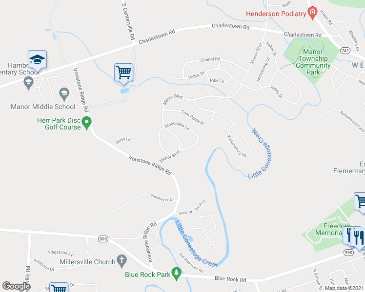 map of restaurants, bars, coffee shops, grocery stores, and more near 1003 Monticello Lane in Lancaster