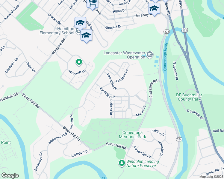 map of restaurants, bars, coffee shops, grocery stores, and more near 204 Pennshire Drive in Lancaster
