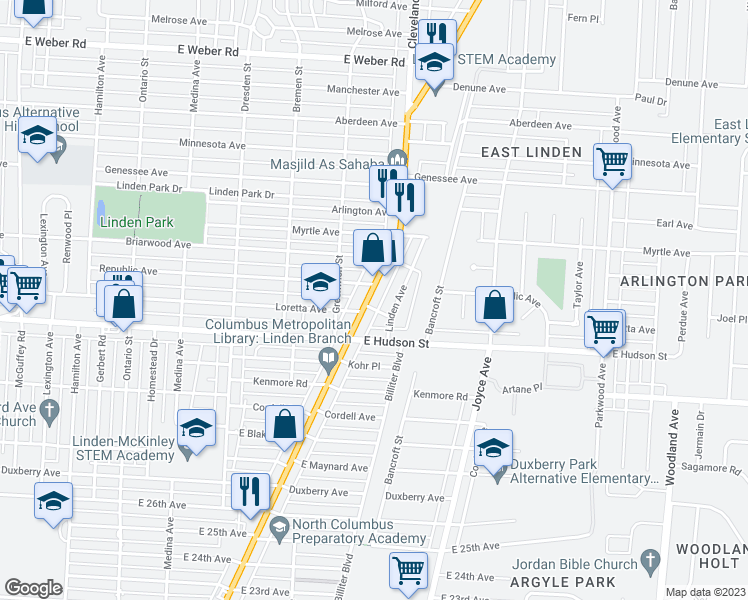 map of restaurants, bars, coffee shops, grocery stores, and more near 2346 Cleveland Avenue in Columbus