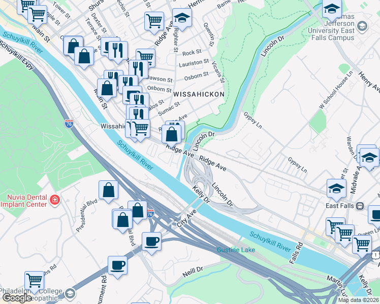 map of restaurants, bars, coffee shops, grocery stores, and more near 4869 Ridge Avenue in Philadelphia