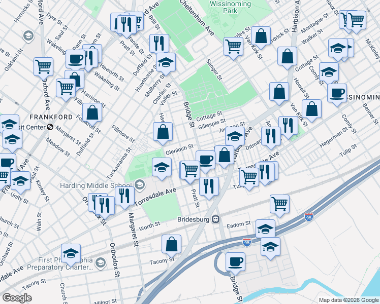 map of restaurants, bars, coffee shops, grocery stores, and more near 2028 Granite Street in Philadelphia