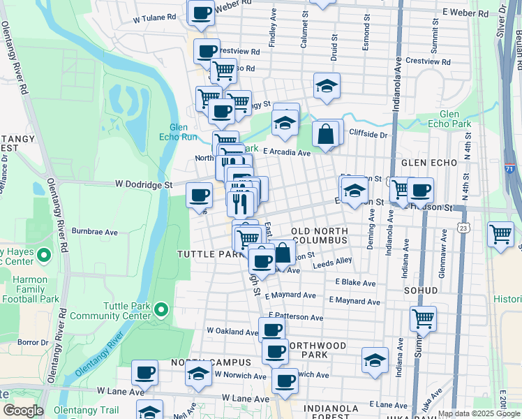 map of restaurants, bars, coffee shops, grocery stores, and more near 57 East Duncan Street in Columbus