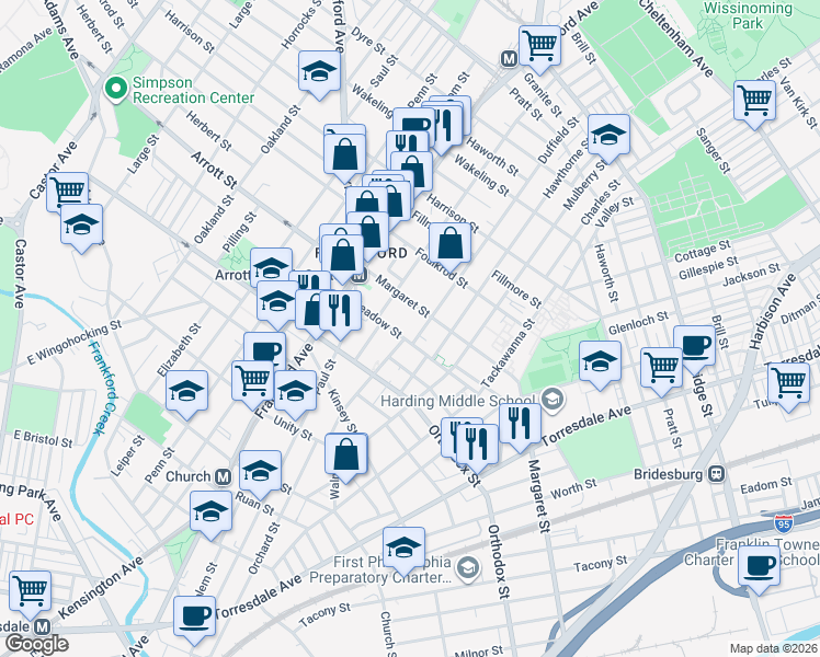 map of restaurants, bars, coffee shops, grocery stores, and more near 4671-77 Darrah Street in Philadelphia